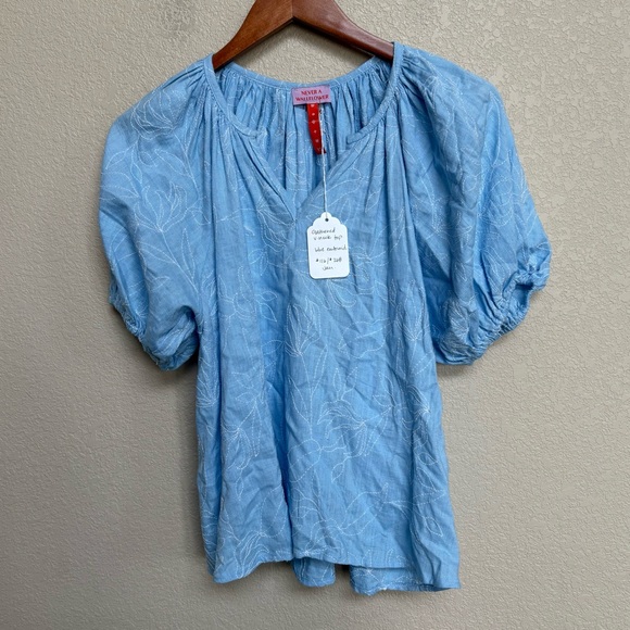 never a wallflower Tops - Never A Wallflower Light Blue Embroidered Puff Sleeve Peasant Top Women’s XS